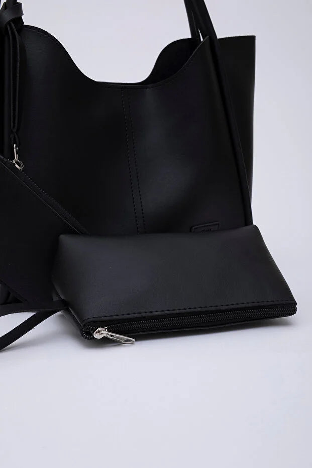 Black SHK108 snap closure faux leather women hand and shoulder bag wit