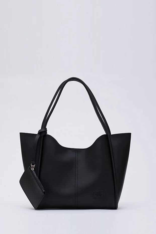 Black SHK108 snap closure faux leather women hand and shoulder bag wit