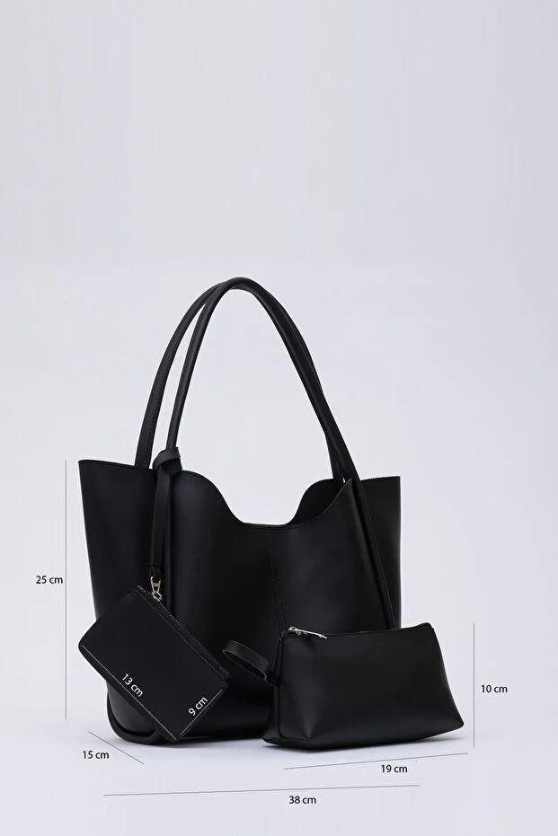 Black SHK108 snap closure faux leather women hand and shoulder bag wit