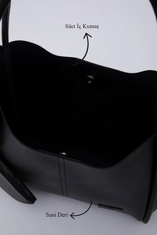 Black SHK108 snap closure faux leather women hand and shoulder bag wit